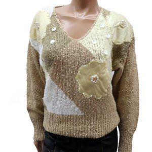 Vintage MR. LEONARD nubbly wool EMBELLISHED beaded SWEATER flower LARGE